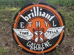 Large Old Double-sided Time Tells Ethyl Gasolene Porcelain Metal Gas Pump Sign
