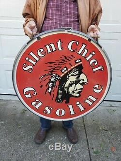Large Old Used 1940's Silent Chief Gasoline Double Sided Porcelain Sign