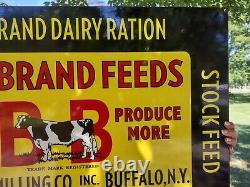 Large Old Vintage Double Sided Bull Brand Feeds Farm Porcelain Heavy Metal Sign