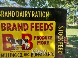 Large Old Vintage Double Sided Bull Brand Feeds Farm Porcelain Heavy Metal Sign