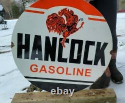 Large Old Vintage Double Sided Handcock Gasoline Porcelain Heavy Metal Sign