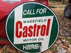 Large Old Vintage Double-sided Castrol Gasoline Porcelain Enamel Gas Pump Sign