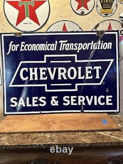 Large Original'chevrolet Sales & Service' 40x28 Inch Double Sided Porcelain Sign