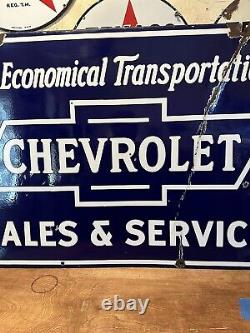 Large Original'chevrolet Sales & Service' 40x28 Inch Double Sided Porcelain Sign