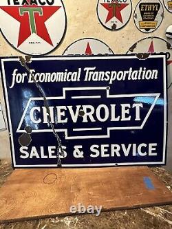 Large Original'chevrolet Sales & Service' 40x28 Inch Double Sided Porcelain Sign