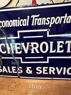 Large Original'chevrolet Sales & Service' 40x28 Inch Double Sided Porcelain Sign