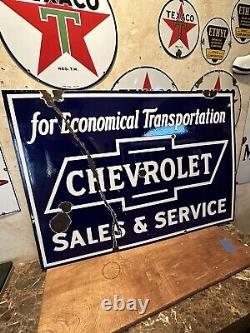 Large Original'chevrolet Sales & Service' 40x28 Inch Double Sided Porcelain Sign