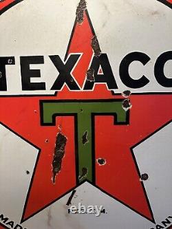 Large Original''texaco Gasoline Motor Oil'' 42 Inch Double Sided Porcelain Sign
