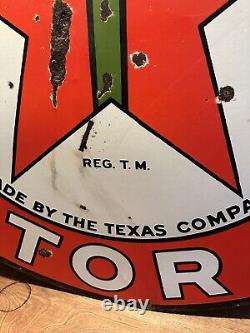 Large Original''texaco Gasoline Motor Oil'' 42 Inch Double Sided Porcelain Sign