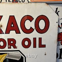 Large Original''texaco Motor Oil'' 30x30 Inch Double Sided Porcelain Curb Sign