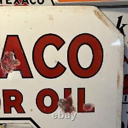 Large Original''texaco Motor Oil'' 30x30 Inch Double Sided Porcelain Curb Sign