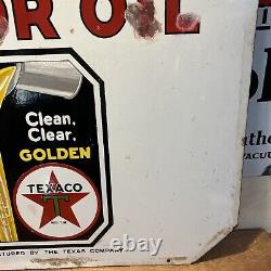 Large Original''texaco Motor Oil'' 30x30 Inch Double Sided Porcelain Curb Sign