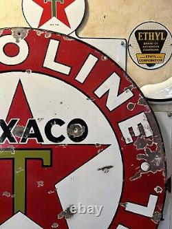 Large Original''texaco Motor Oil'' 42 Inch Double Sided Porcelain Sign