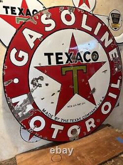 Large Original''texaco Motor Oil'' 42 Inch Double Sided Porcelain Sign