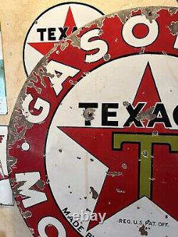 Large Original''texaco Motor Oil'' 42 Inch Double Sided Porcelain Sign