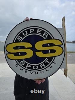 Large Vintage Chevrolet Super Sport Double-sided Porcelain Flange Sign 17