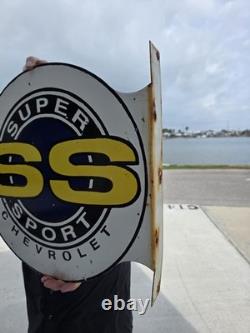 Large Vintage Chevrolet Super Sport Double-sided Porcelain Flange Sign 17