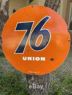 Large Vintage Dated 1961''union 76'' Double Sided 30 Inch Porcelain Sign USA