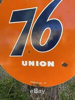 Large Vintage Dated 1961''union 76'' Double Sided 30 Inch Porcelain Sign USA