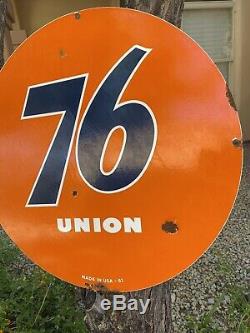 Large Vintage Dated 1961''union 76'' Double Sided 30 Inch Porcelain Sign USA