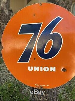 Large Vintage Dated 1961''union 76'' Double Sided 30 Inch Porcelain Sign USA