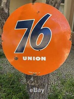 Large Vintage Dated 1961''union 76'' Double Sided 30 Inch Porcelain Sign USA