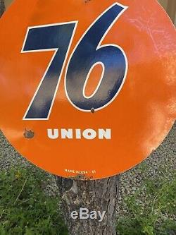 Large Vintage Dated 1961''union 76'' Double Sided 30 Inch Porcelain Sign USA