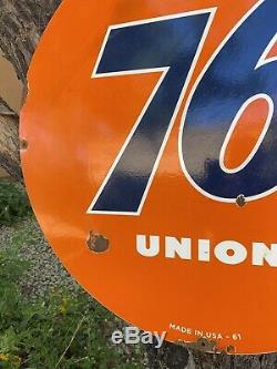 Large Vintage Dated 1961''union 76'' Double Sided 30 Inch Porcelain Sign USA