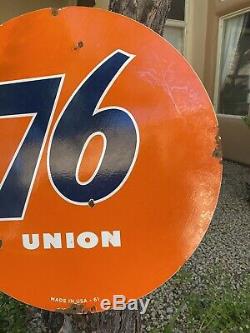 Large Vintage Dated 1961''union 76'' Double Sided 30 Inch Porcelain Sign USA