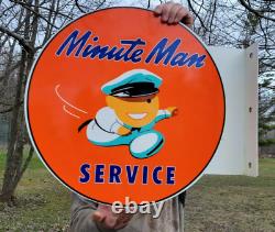 Large Vintage Double Sided Flanged Minute Man Tires Porcelain Heavy Metal Sign