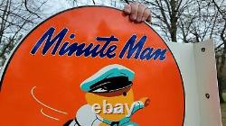 Large Vintage Double Sided Flanged Minute Man Tires Porcelain Heavy Metal Sign