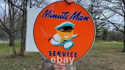 Large Vintage Double Sided Flanged Minute Man Tires Porcelain Heavy Metal Sign