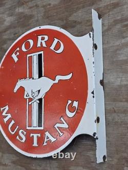Large Vintage Ford Mustang Double-sided Flange Porcelain Metal Sign 17 Inches