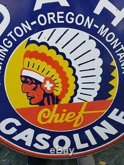 Large Vintage Idaho Chief Gasoline Porcelain Sign 30 Double Sided Indian