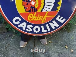 Large Vintage Idaho Chief Gasoline Porcelain Sign 30 Double Sided Indian