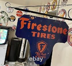 Large Vintage Porcelain Double Sided Firestone Tires Display Sign With Bracket