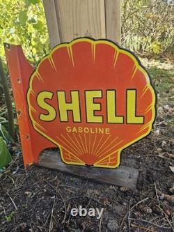 Large Vintage Shell Gasoline Double-sided Porcelain Flange Sign 17 X 17