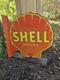 Large Vintage Shell Gasoline Double-sided Porcelain Flange Sign 17 X 17