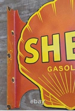 Large Vintage Shell Gasoline Double-sided Porcelain Flange Sign 17 X 17