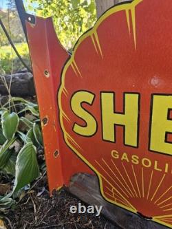 Large Vintage Shell Gasoline Double-sided Porcelain Flange Sign 17 X 17