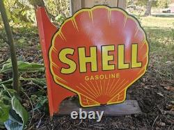 Large Vintage Shell Gasoline Double-sided Porcelain Flange Sign 17 X 17