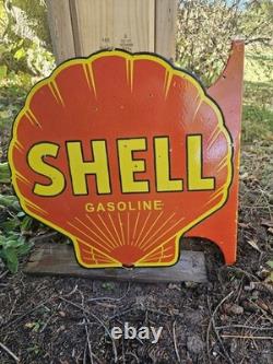 Large Vintage Shell Gasoline Double-sided Porcelain Flange Sign 17 X 17