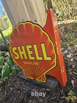 Large Vintage Shell Gasoline Double-sided Porcelain Flange Sign 17 X 17