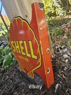 Large Vintage Shell Gasoline Double-sided Porcelain Flange Sign 17 X 17