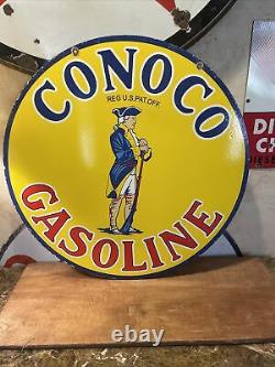 Large Vintage Style Conoco Gas Double-sided Porcelain Dealer Sign 30 Inch