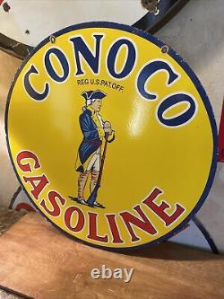 Large Vintage Style Conoco Gas Double-sided Porcelain Dealer Sign 30 Inch