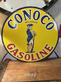 Large Vintage Style Conoco Gas Double-sided Porcelain Dealer Sign 30 Inch