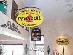 Large Vintage''pennzoil'' Double Sided 31x21'' Porcelain Sign With Bracket