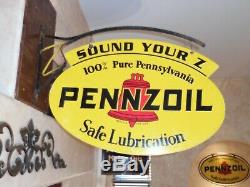 Large Vintage''pennzoil'' Double Sided 31x21'' Porcelain Sign With Bracket