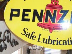 Large Vintage''pennzoil'' Double Sided 31x21'' Porcelain Sign With Bracket